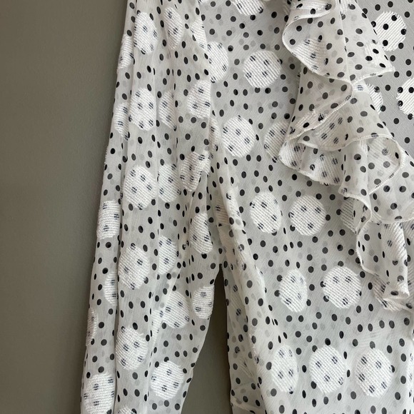 SALONI Iman Silk Wrap Blouse White Black Polka Dot Ruffles Sheer Contemporary - Picture 13 of 16